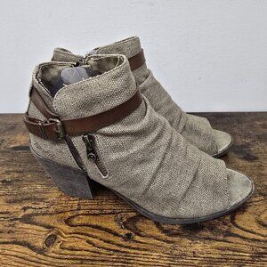 Blowfish Fella Gladiator Stacked Block Heel Open Peep Toe Bootie Sz 9 Taupe